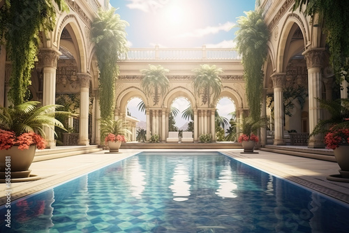 luxury mansion swimming pool courtyard with palm trees © Rangga Bimantara