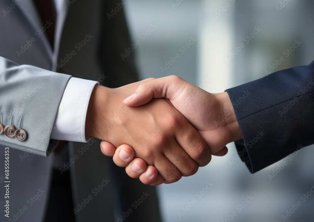 Businessmen making handshake with partner, greeting, dealing, merger and acquisition, business cooperation concept, panoramic banner, copy space for business, finance and investment background, 