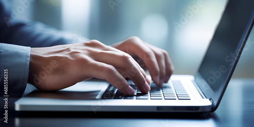 close up of hands typing on laptop keyboard, A man sits and typing keyboard to job search in the work at home, E-learning concept, Work from home concept photo