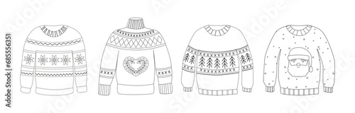 Set of winter ugly sweaters, pullovers, jumpers. Linear doodles, icons. Autumn and winter basic essentials. Cozy clothing. Line art. Coloring book.  