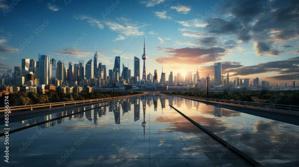 Asphalt road with city skyline. generative ai Asphalt road with city skyline. generative ai