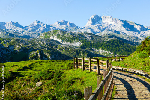 Panoramic summer mountain view of Picos de Europa range, Spain
