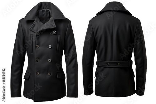  front and back view, A close-up of a black pea coat, on transparent background