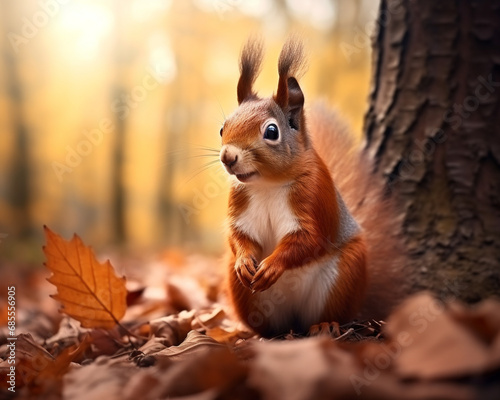 Squirrel in the autumn forest. Animal potrait in nature