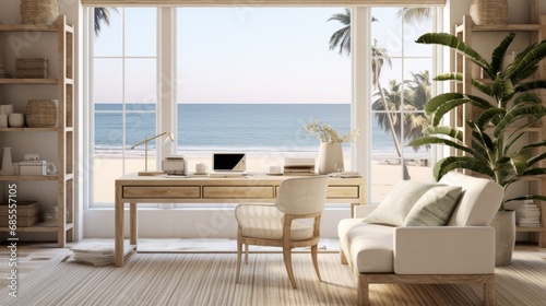 A serene home office in a coastal retreat
