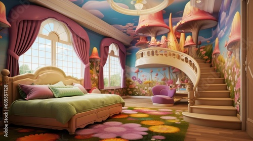 A whimsical and colorful children's bedroom in a fairytale setting