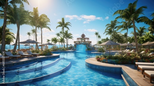 A vibrant resort pool on a tropical island