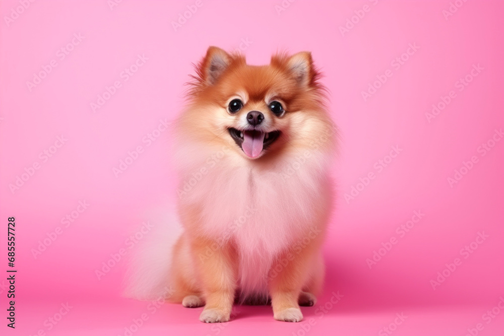 Cute pomeranian dog with tongue out on a pink background