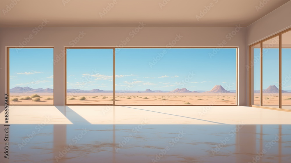 Empty interior room with a desert landscape view - idyllic far away freedom and empty open space - summer solitude scene - minimalist Architecture design.