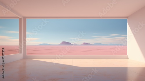 Empty interior room with a desert landscape view - idyllic far away freedom and empty open space - summer solitude scene - minimalist Architecture design.