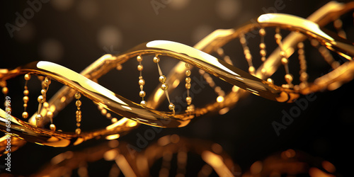 Abstract 3d gold metal texture of DNA or RNA chain, closeup of chain connections. Creative background for presentation or banner, science and education, study of structure. photo