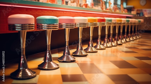 Vintage row of metal bar stools, retro diner interior. 3d illustration. photo