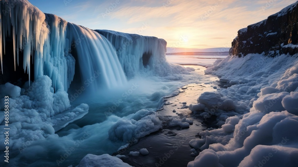 A powerful waterfall framed by melting icicles
