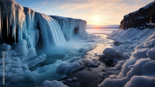 A powerful waterfall framed by melting icicles 