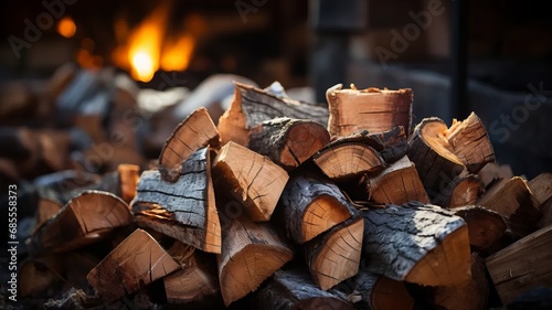 A closeup of a large group of firewood logs. photo