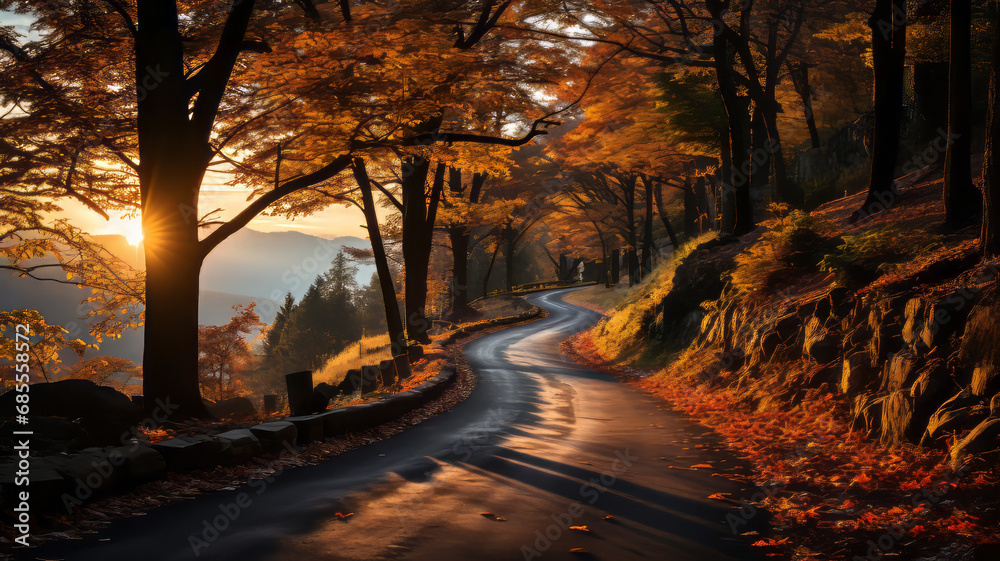 Scenic autumn road with vibrant colors at sunset.generative ai