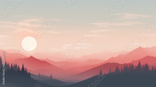 Pink sky with rising sun and mountains with trees. Generative AI
