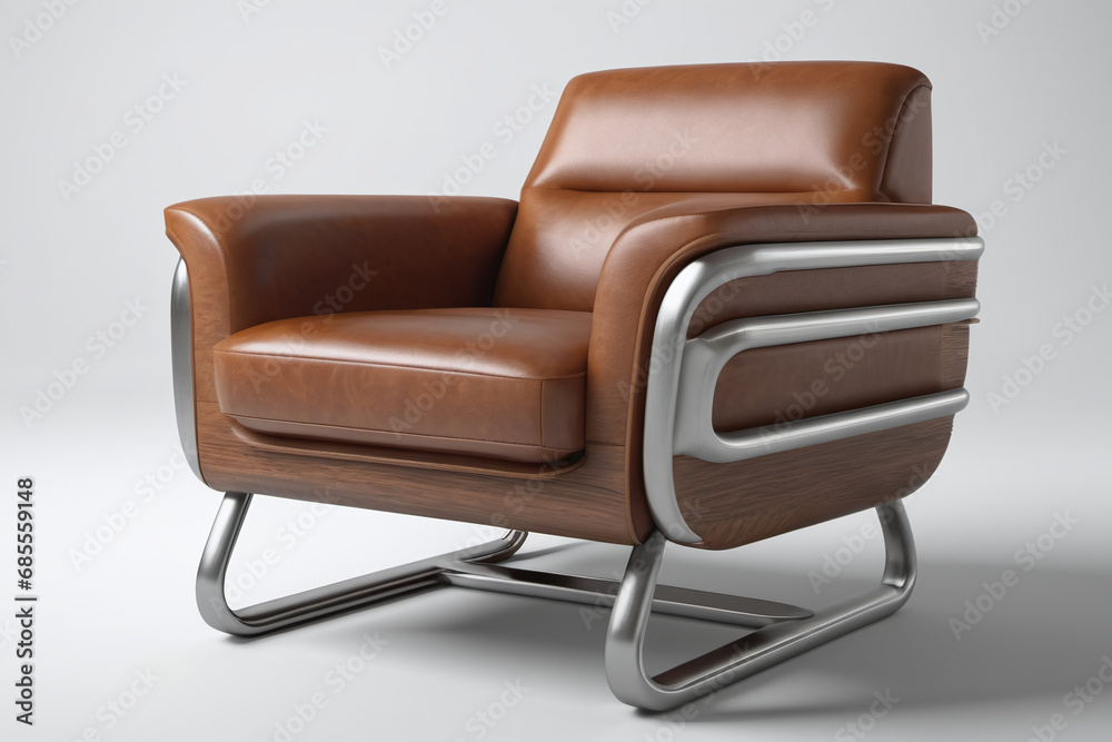  A brown leather office comfy, relaxing chair is pictured in a bright background clean white. This image can be used to reference comfortable leather wooden chair