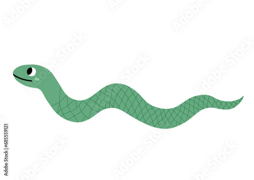 Cute green snake in cartoon style isolated on white background. Funny character for kids design. Vector illustration