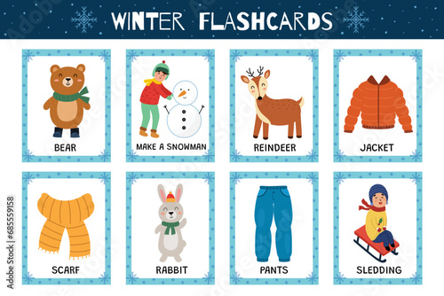 Winter flashcards collection for kids. Flash cards set with cute characters for school and preschool. Learning to read activity for children. Vector illustration photo