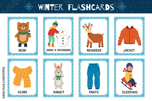 Winter flashcards collection for kids. Flash cards set with cute characters for school and preschool. Learning to read activity for children. Vector illustration