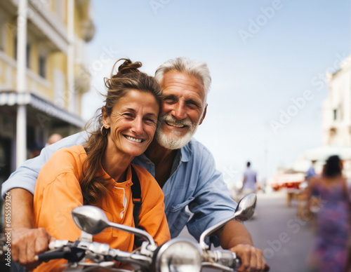 A senior couple on holiday in a sunny country enjoy a scooter ride along the coast, smiling as they look at the camera. Generative ai © jackfrog