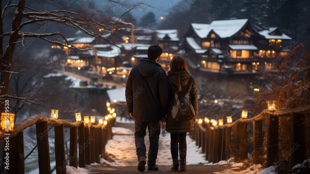 Young traveler admires snowy UNESCO village in twilight, Japan. Young traveler admires snowy UNESCO village in twilight, Japan.