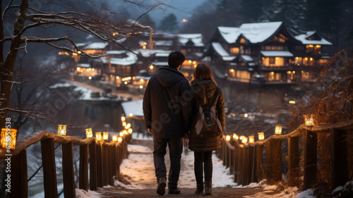 Young traveler admires snowy UNESCO village in twilight, Japan.