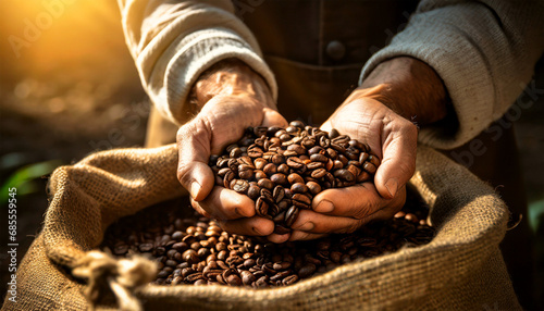 Close-up of two wrinkled hands  cupped hands full of roasted coffee beans  of a farmer showing the harvest of a coffee beans  and a burlap sack  jute sack  with roasted coffee beans.