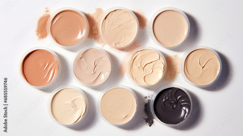 Top view of different textures and colors of cosmetic creams or face foundation in round jars on a flat surface. Smears of cosmetic products. Top view of different textures and colors of cosmetic creams or face foundation in round jars on a flat surface. Smears of cosmetic products.