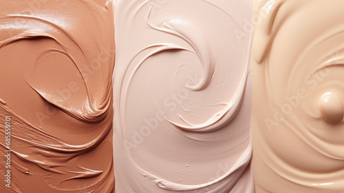 Top view of different textures and colors of cosmetic creams or face foundation palette on a flat surface. Smears of cosmetic products. 
