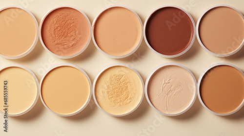 Top view of different textures and colors of cosmetic creams or face foundation in round jars on a flat surface. Smears of cosmetic products. 