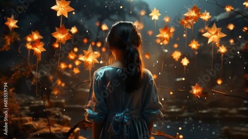 a girl with magic wand  stars shining  hopeful aura.
