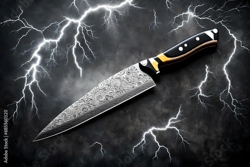 A generic sharp chef's knife with a silver blade set against a lightning storm at night with lightning bolts background