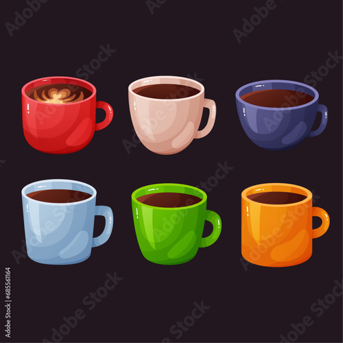 Set of cute vector coffee mugs, cartoon illustration on white background