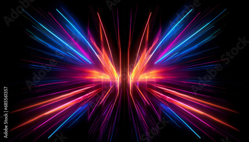 Dynamic neon beams burst with vivid colors on a black canvas.generative ai