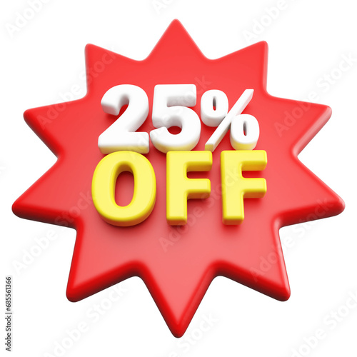Special 25 percent off sale with number 3d render red tag label