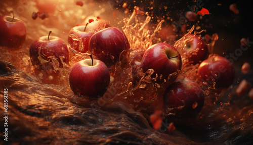 Recreation fictitious of red apples falling