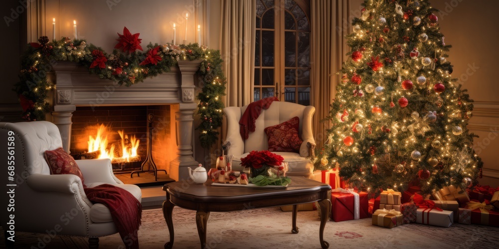 Cozy holiday living room with fireplace and Christmas tree