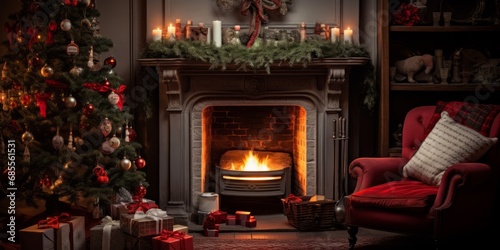 Cozy holiday living room with fireplace and Christmas tree