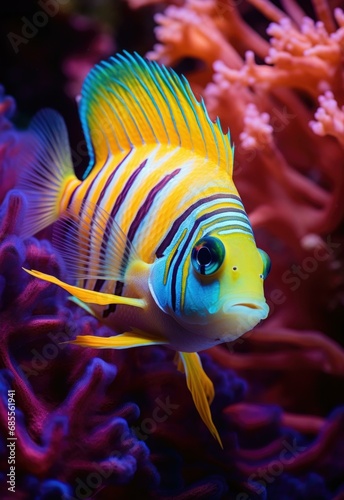 A vibrant fish with yellow and blue stripes swims gracefully in a colorful reef. Generative AI. © serg3d