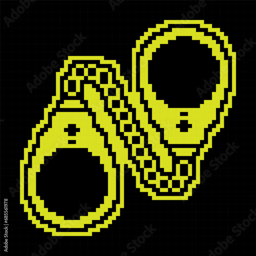 Pixel silhouette icon, metal handcuffs to neutralize criminals. Outfit and equipment of police. Simple black and yellow vector isolated