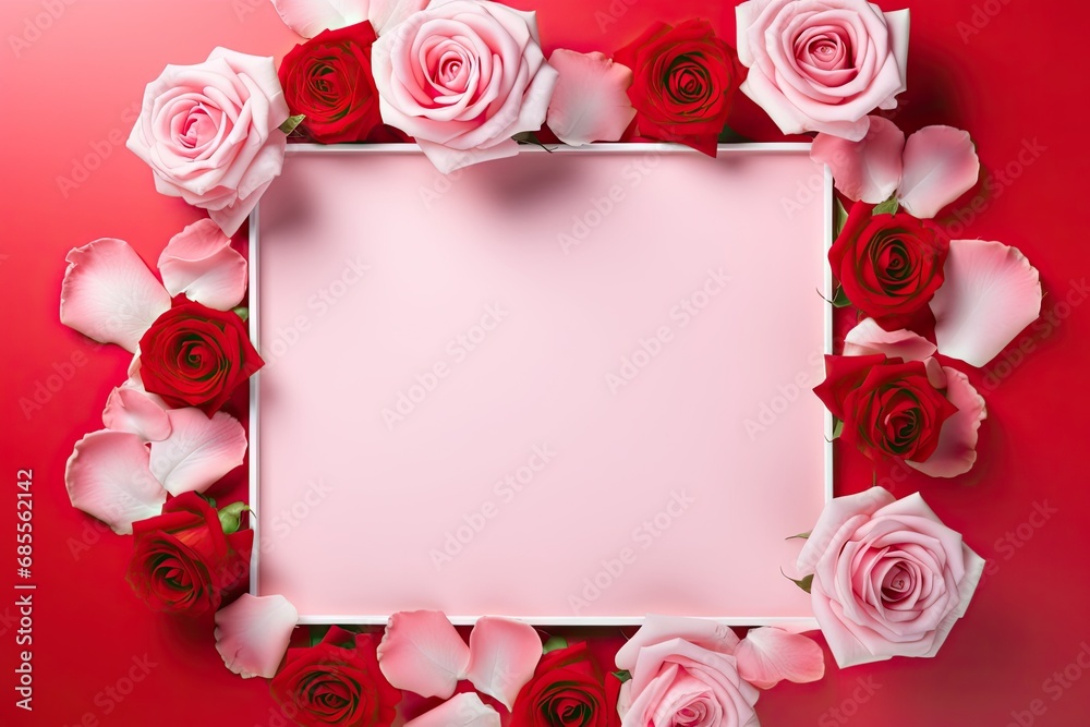 Pink Valentine's Day background with a white line frame in the middle and red roses around it Pink Valentine's Day background with a white line frame in the middle and red roses around it