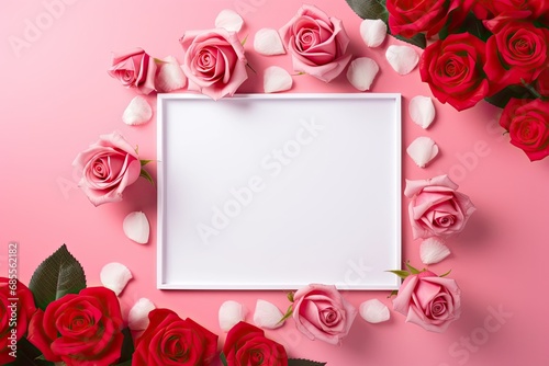 Pink Valentine s Day background with a white line frame in the middle and red roses around it