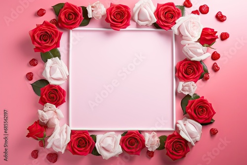 Pink Valentine's Day background with a white line frame in the middle and red roses around it