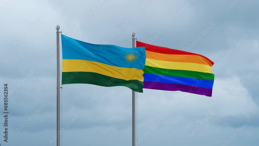 LGBT movement flag also Gay Pride and Rwanda flag waving cycle looped video, tolerance conception in country LGBT movement flag also Gay Pride and Rwanda flag waving cycle looped video, tolerance conception in country