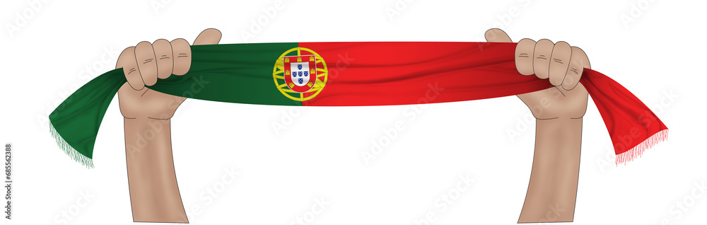 3D illustration. Hand holding flag of Portugal on a fabric ribbon background. 3D illustration. Hand holding flag of Portugal on a fabric ribbon background.