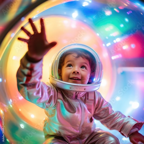 A small child in a space suit inside of a bubble. Generative AI.