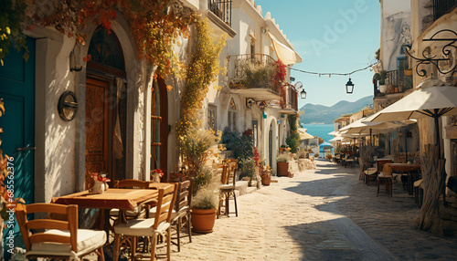 Pictoric recreation of a mediterranean street together the sea © bmicrostock