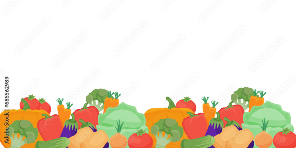 Border of fresh vegetables and herbs. Poster with healthy organic farm food. Ripe vegetables of the summer and autumn seasons. flat vector illustration. autumn harvest on a white background.
